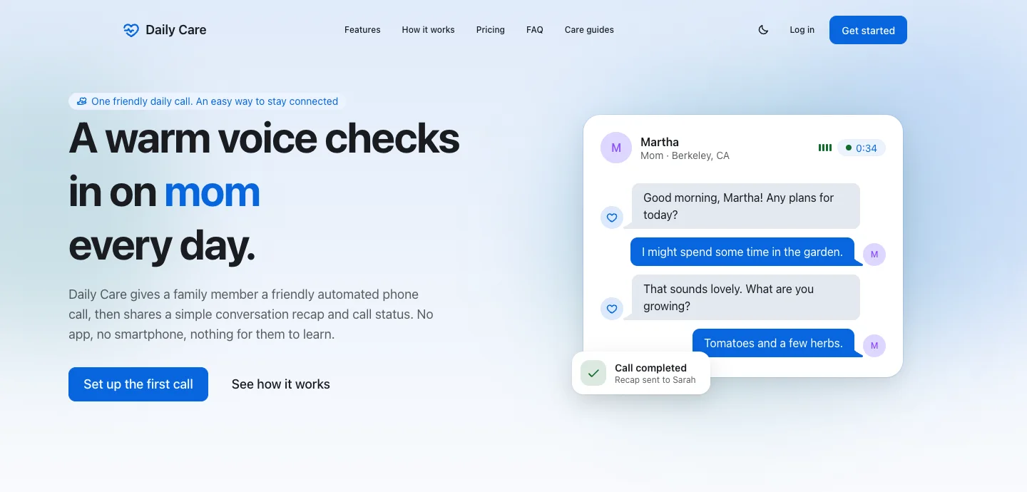 Capture du site Daily Care présentant ses appels quotidiens et les récapitulatifs pour la famille
